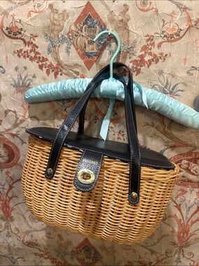 Braciano Tan Woven Tote with Black Trim and Handles